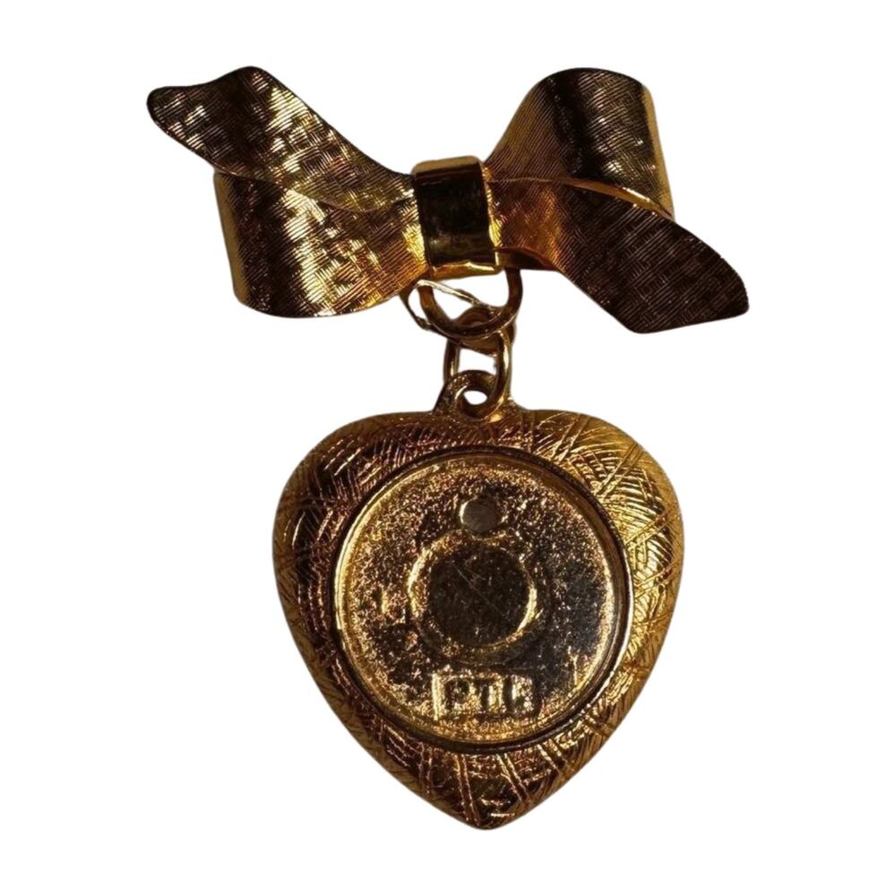 Vintage Gold Tone Heart Locket Brooch Bow Dangle Photo Charm PTL